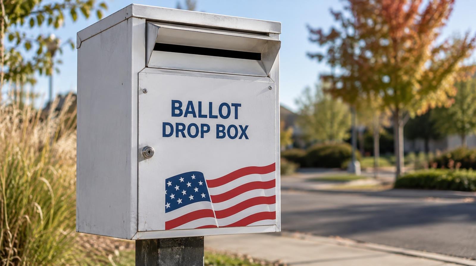 A ballot drop box mounted on a post outdoors under a clear sky.