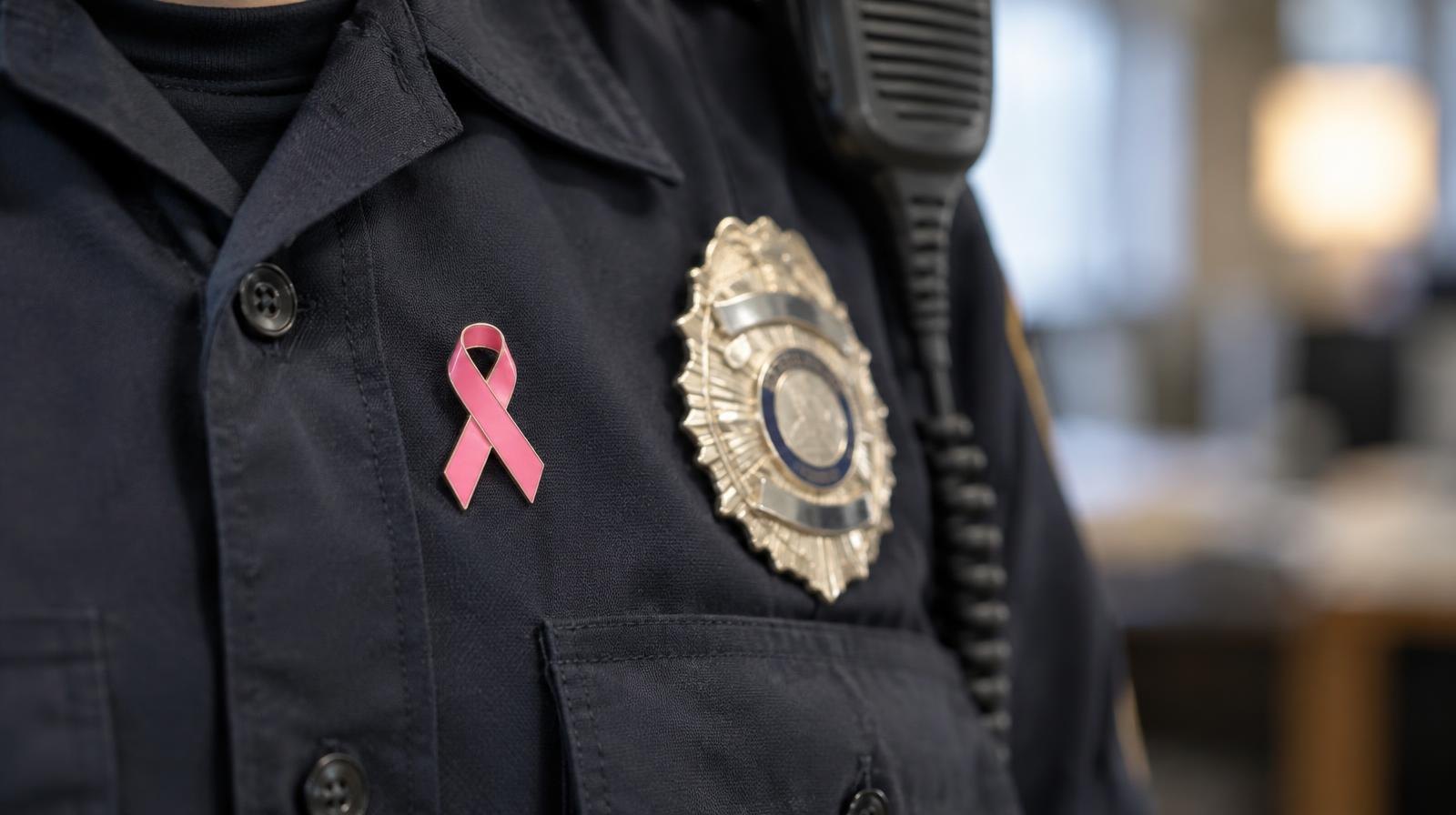 Pink awareness ribbon pin attached to a dark navy uniform shirt.