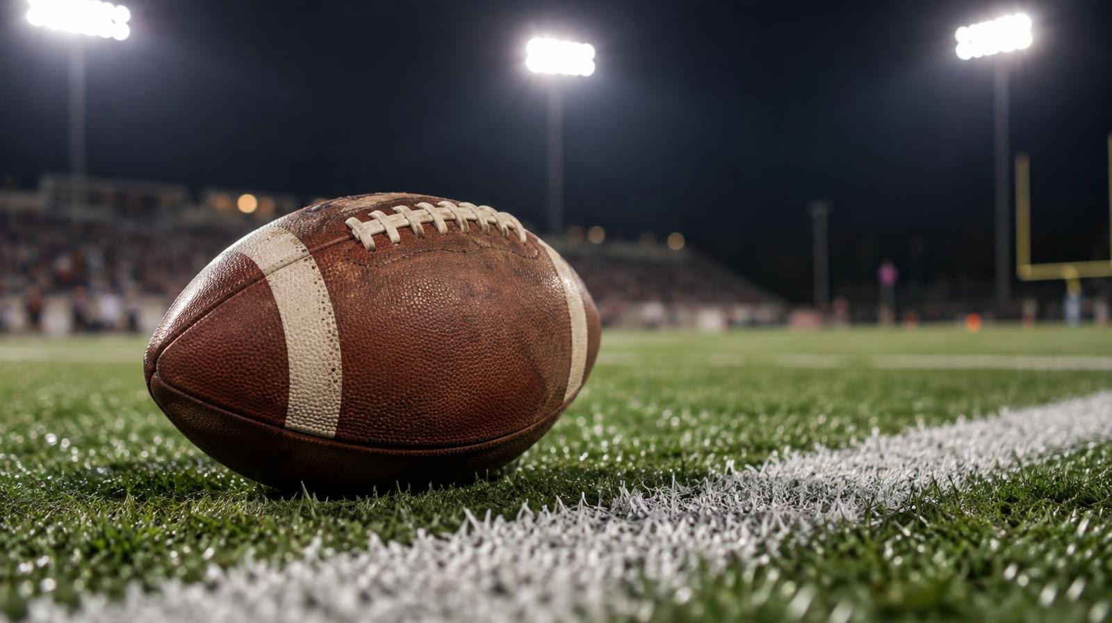 An American football on green artificial turf beside a white yard line under bright stadium lights.