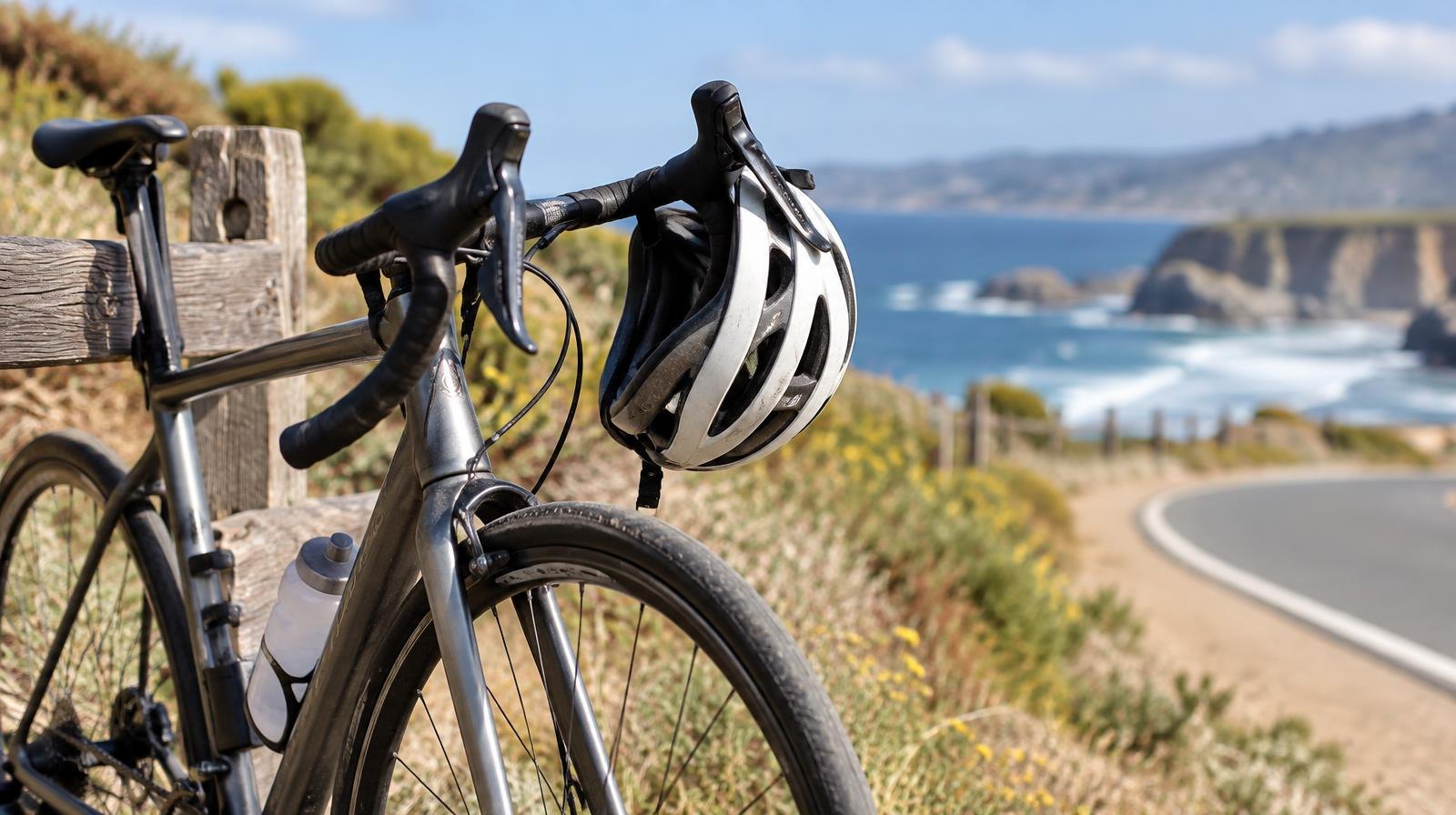 A road bicycle leaning against a wooden fence on a sunny day.