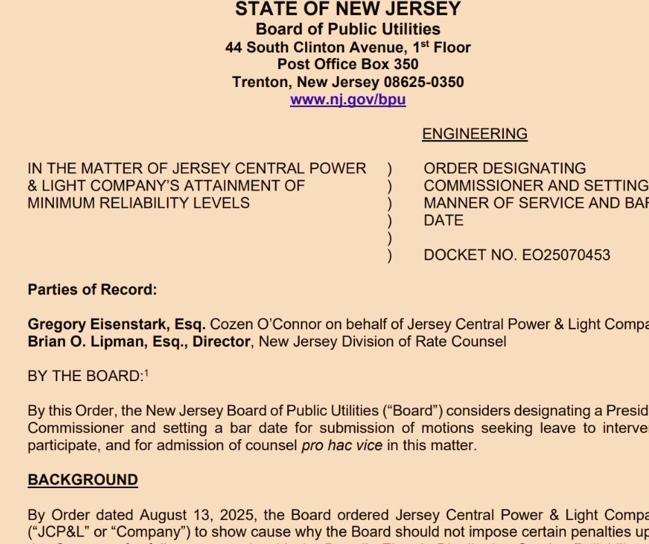 Official BPU document header showing the JCP&L reliability case order and docket number.