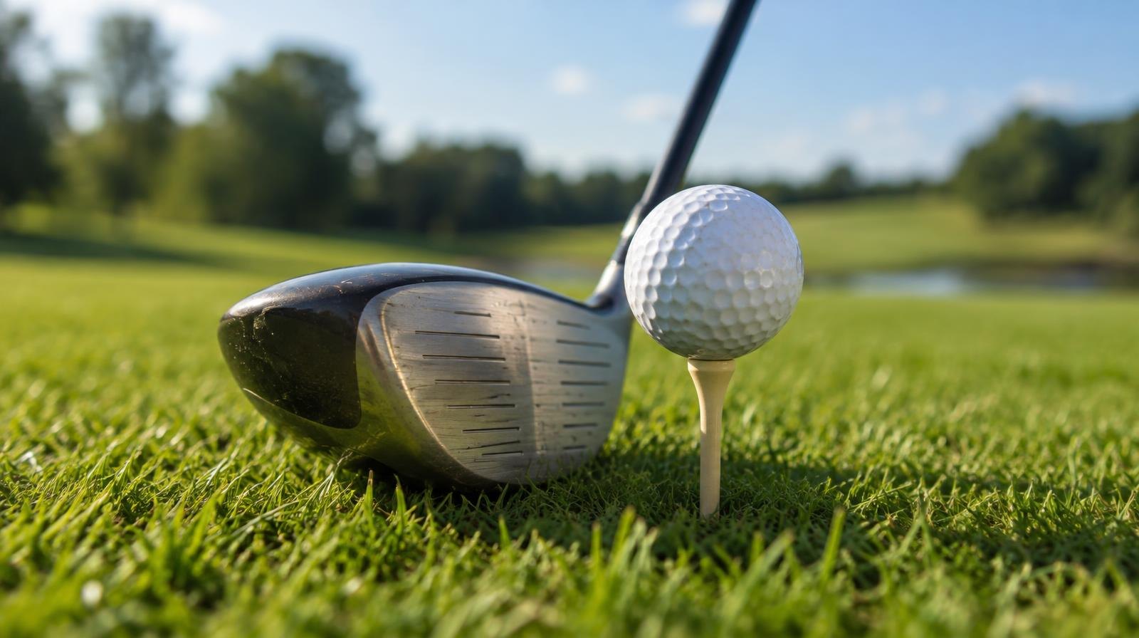 Golf ball on a tee next to a club head on a green fairway in bright sunlight.