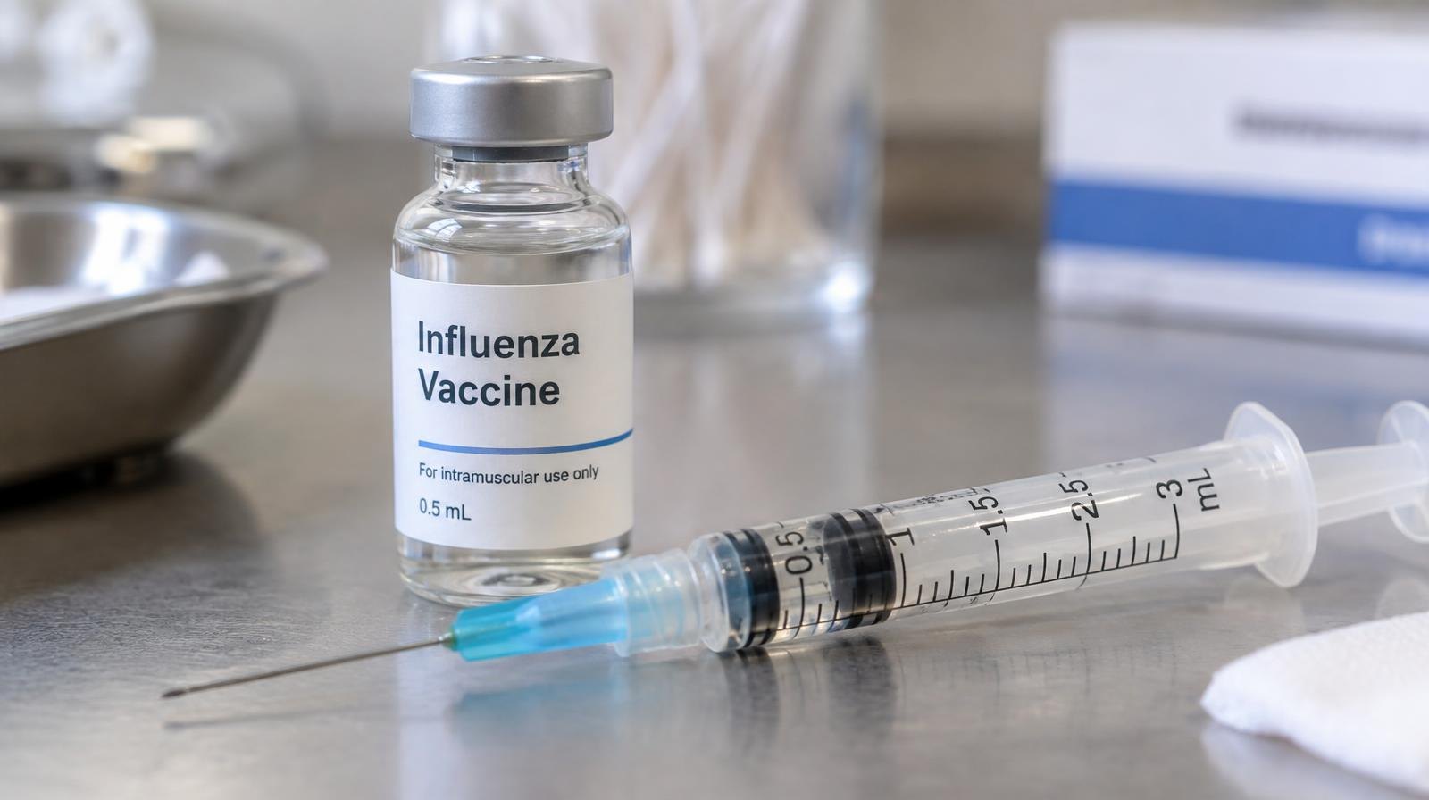 A filled syringe resting beside a small glass vaccine vial on a clinical surface.