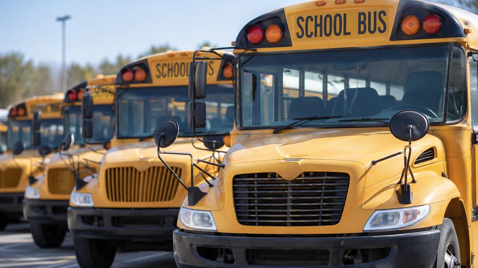 A row of yellow school buses parked side by side in an outdoor lot.