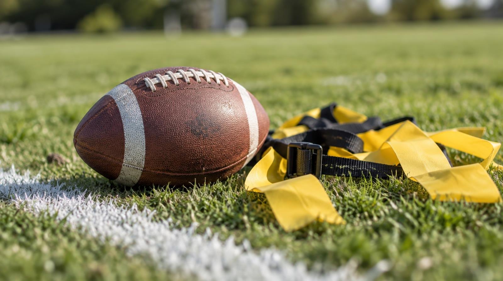 A football and flag football belts resting on green grass near a white yard line.