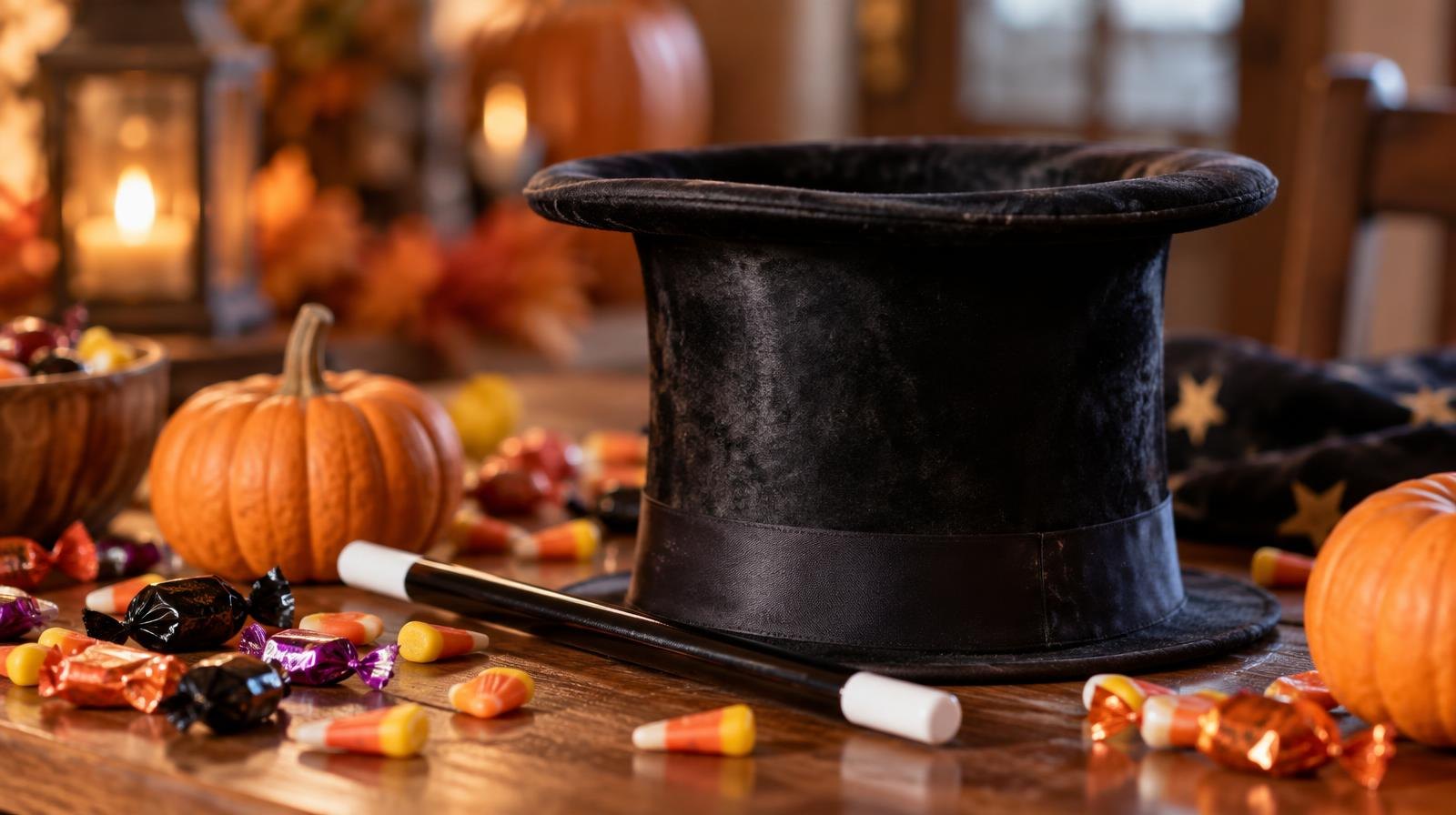 Black magician's top hat and wand beside Halloween candy and small orange pumpkins.