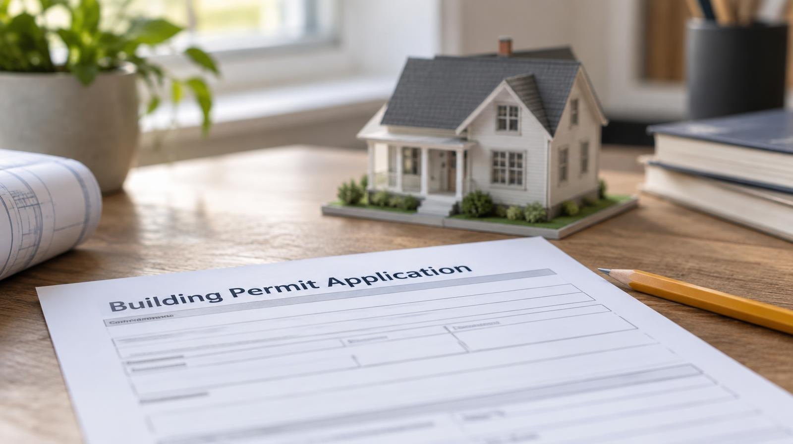 Small house model and permit form on a desk beside a pencil in natural light.