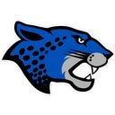 Blue jaguar head mascot logo with open mouth and black spots on a white background.