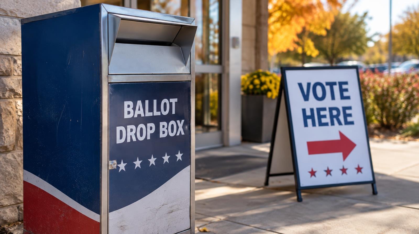 A ballot drop box and Vote Here sign outside a polling place entrance in autumn.