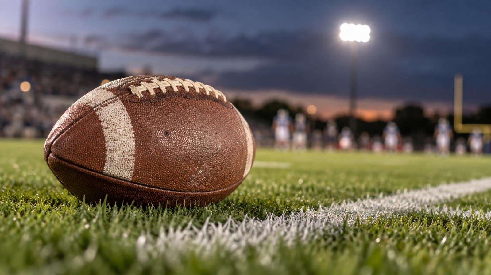 An American football resting on green grass beside a white painted yard line under stadium lights.