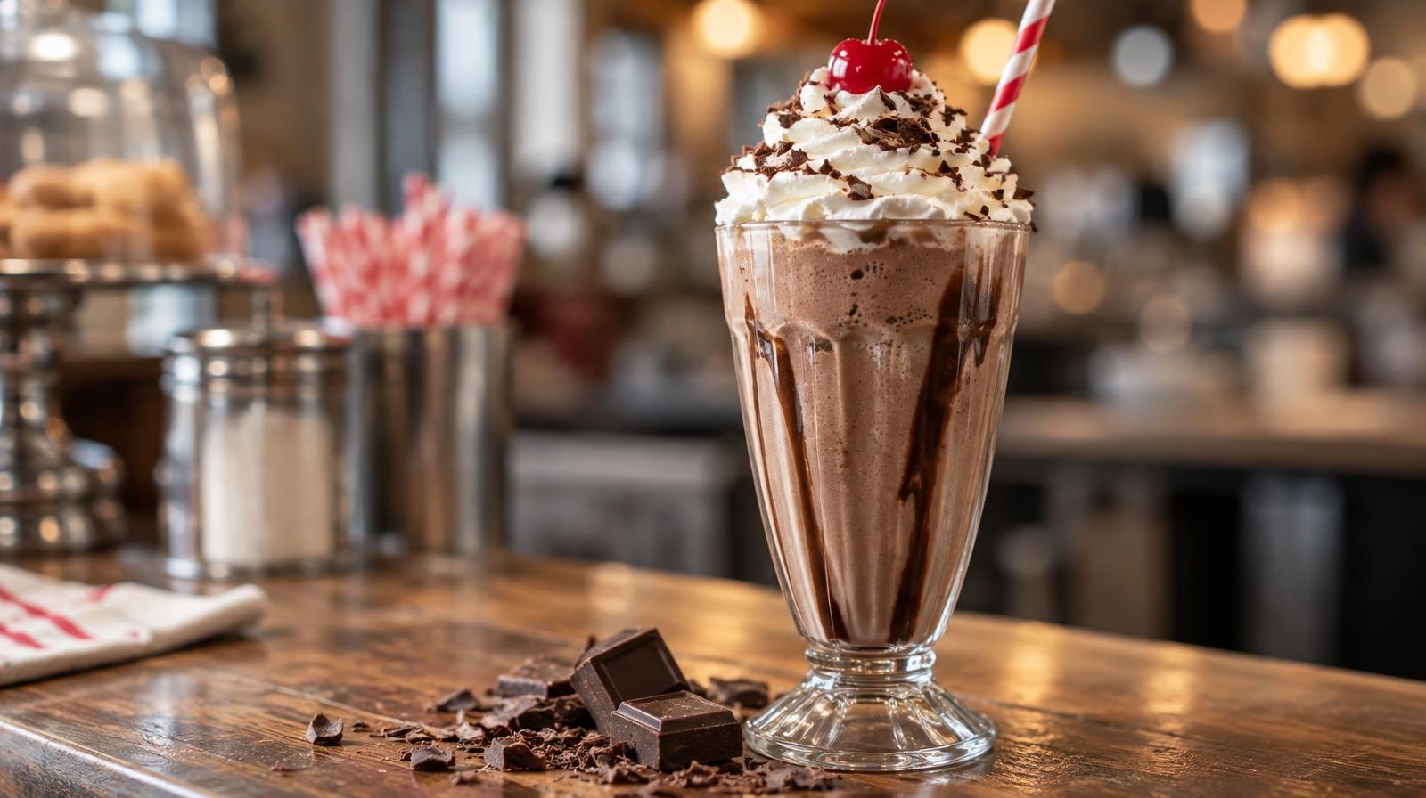 Tall milkshake in a glass with whipped cream and a cherry beside chocolate pieces.