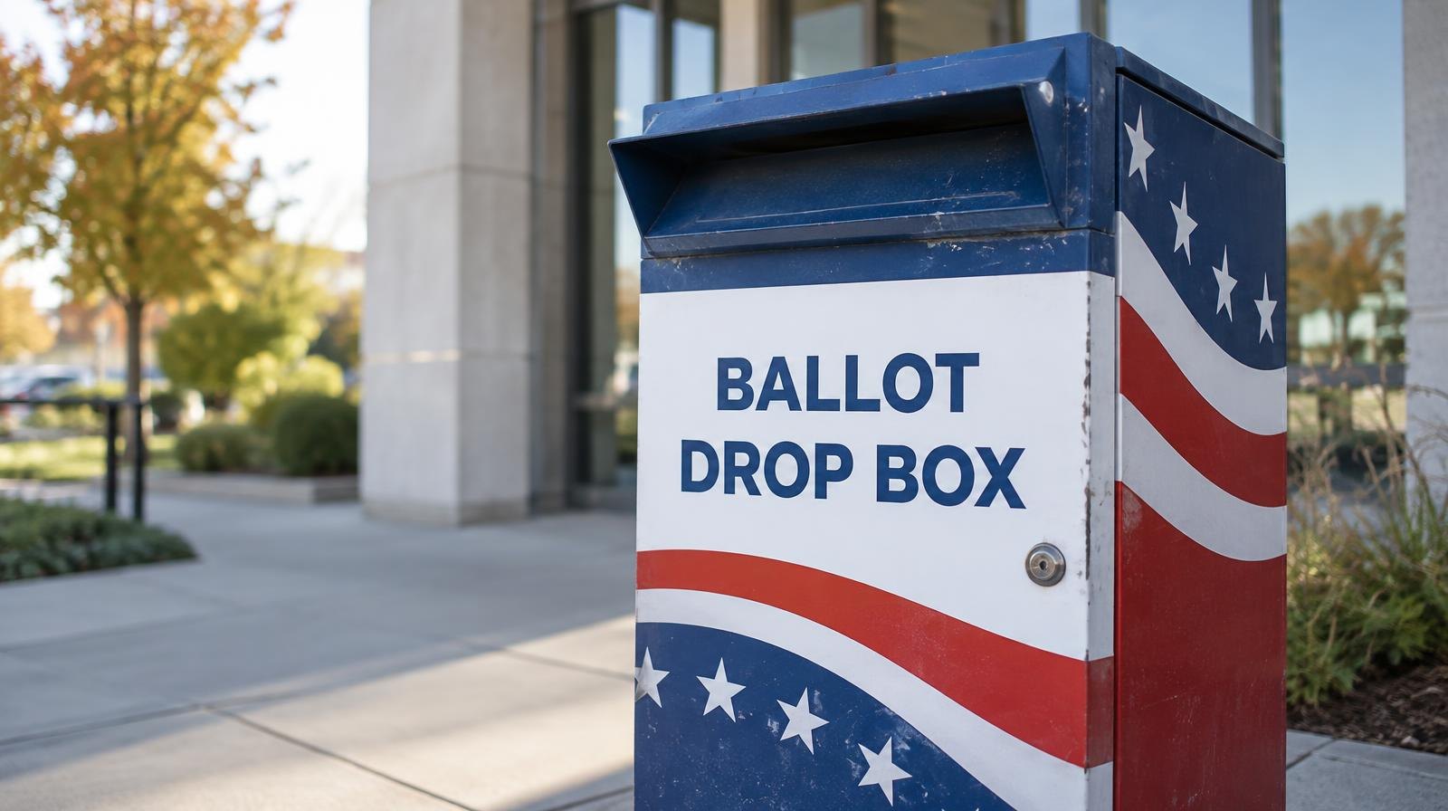 A red, white, and blue ballot drop box on a sidewalk outside a building.