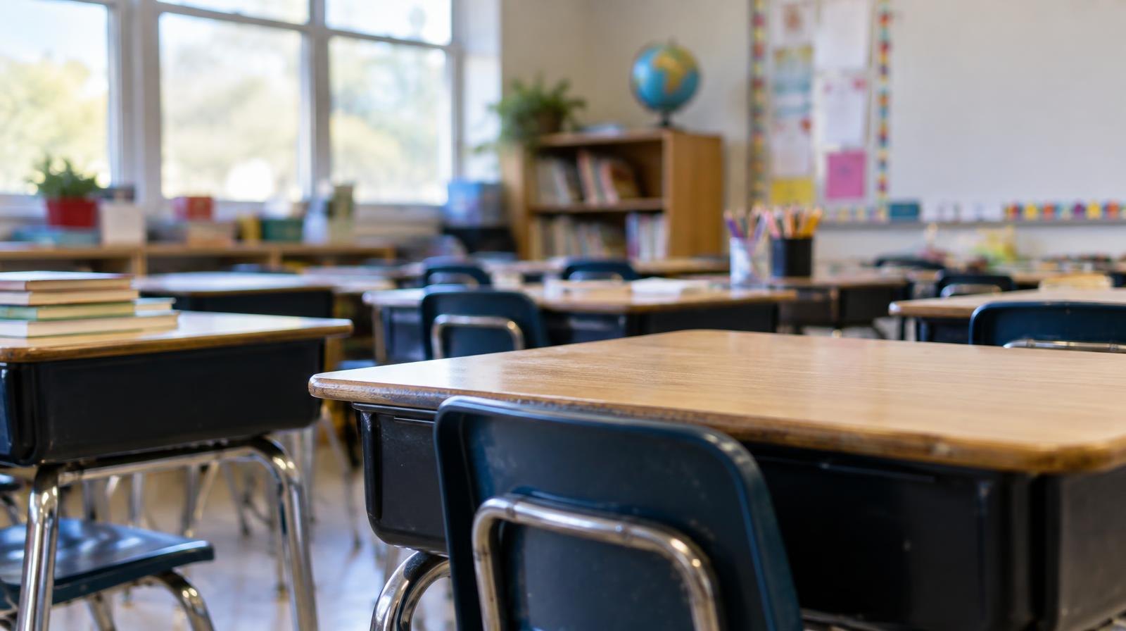 Rows of empty wooden student desks in a bright classroom with natural light.