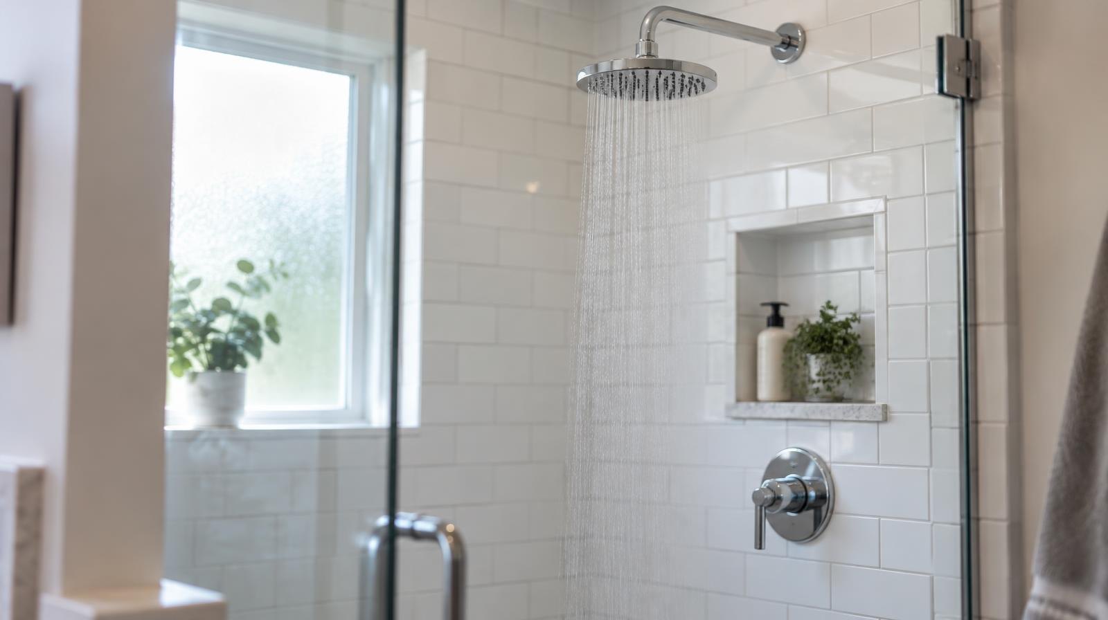 A modern walk-in shower with white tile walls and a chrome showerhead.