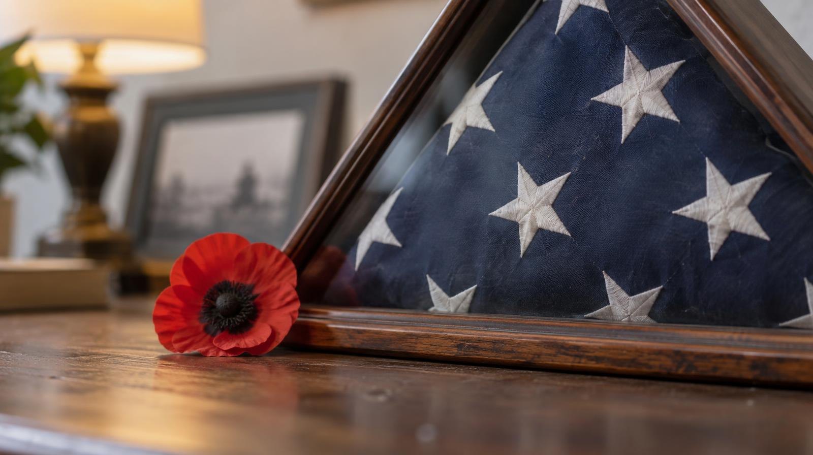 A folded American flag in a triangular case next to a red poppy on a wooden surface.