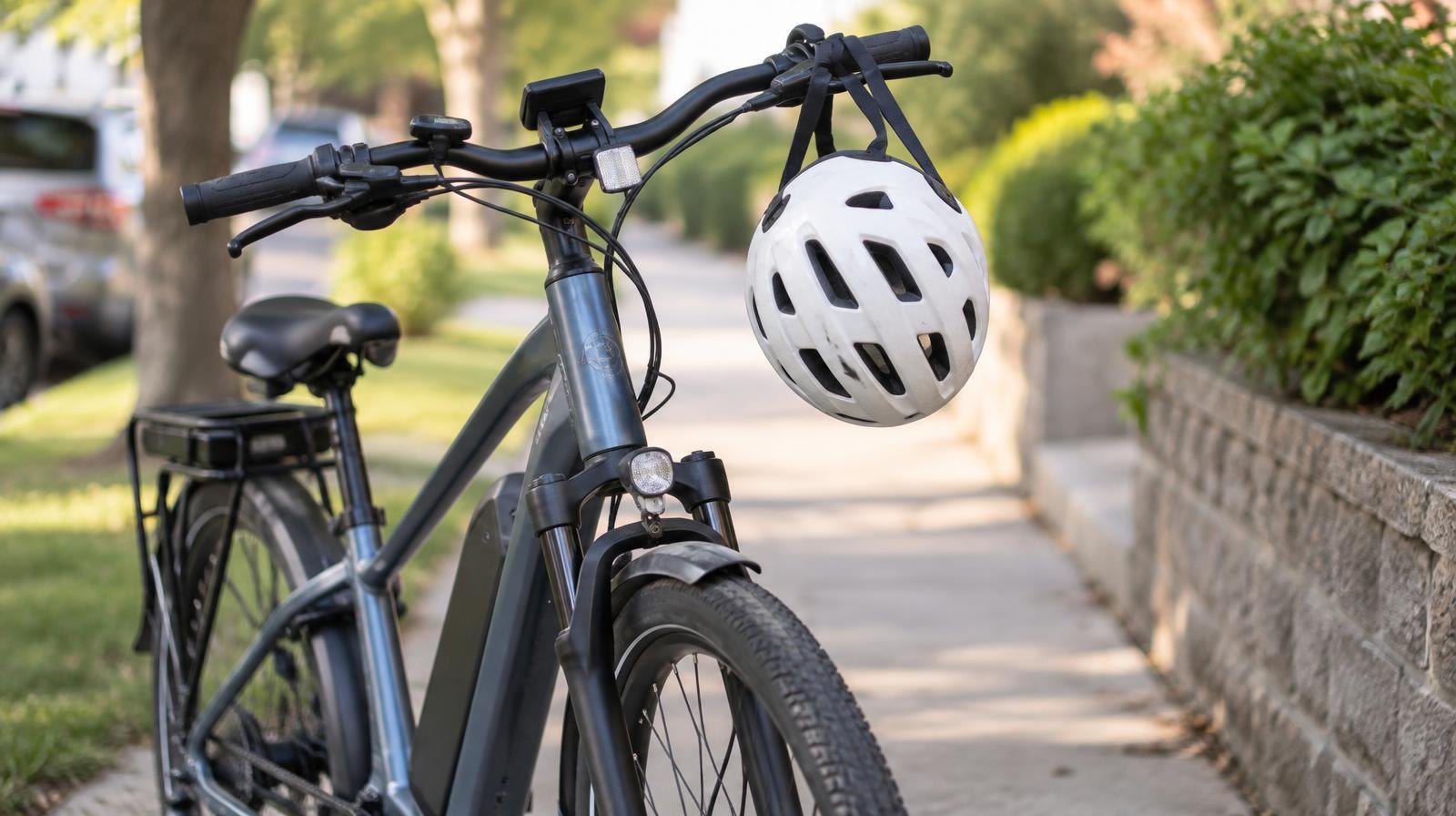 A pedal-assist electric bicycle parked on a sidewalk with a white helmet on the handlebars.