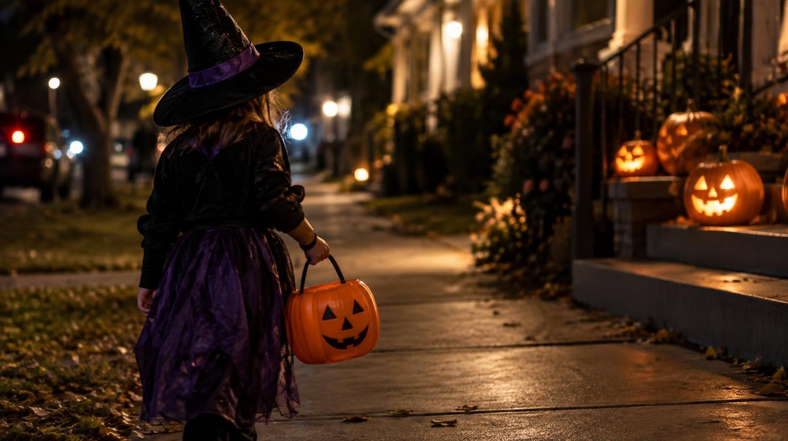 Child in Halloween costume carrying a candy bucket walking along a dark sidewalk at night.