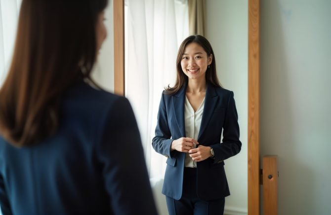 A woman in a navy blazer and white blouse smiles at her reflection in a full-length mirror.