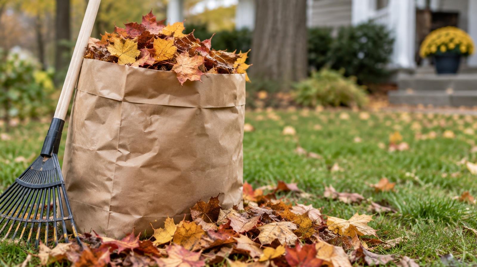 Paper yard waste bag filled with colorful autumn leaves beside a rake on a lawn.