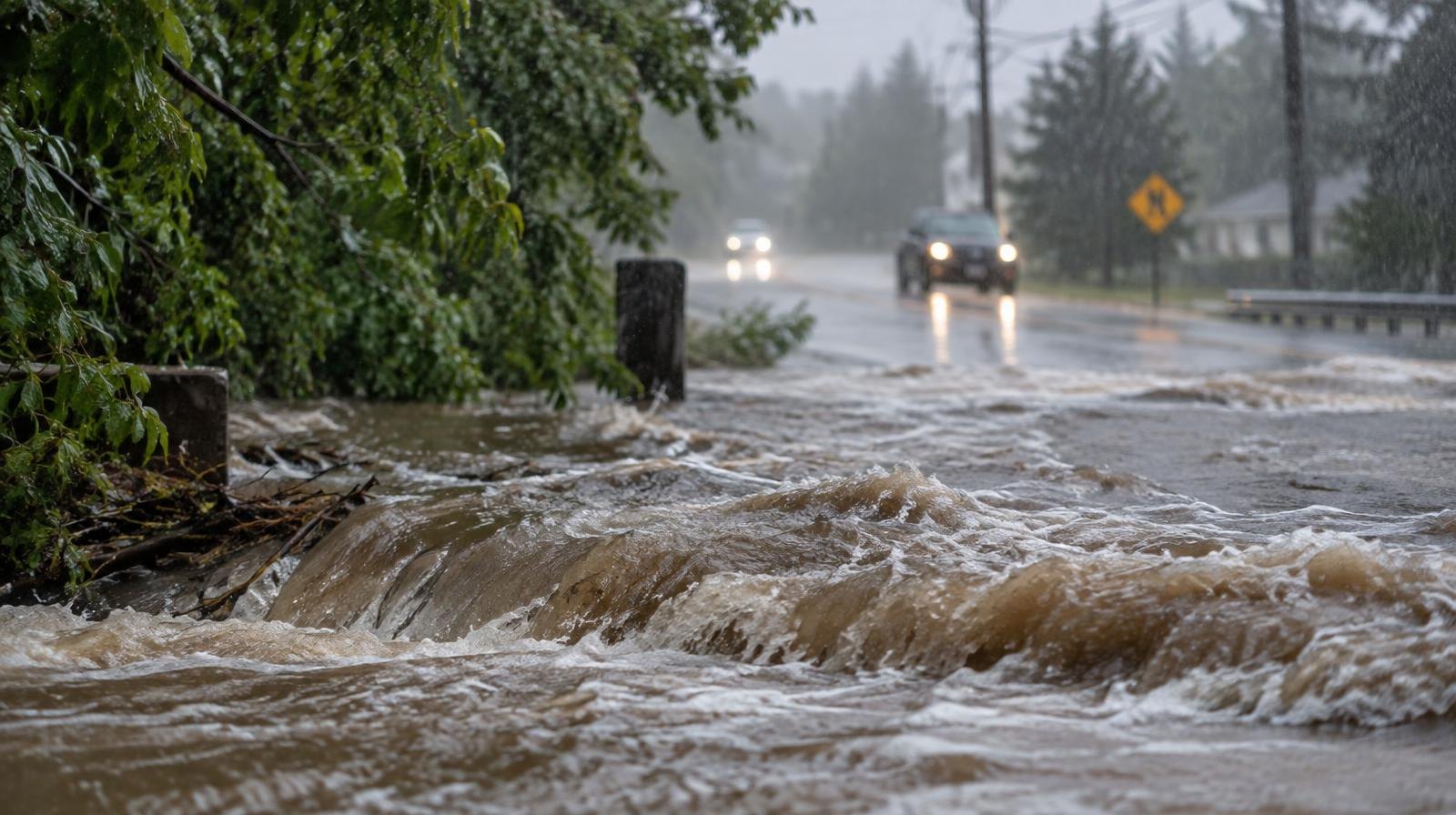Flooded road with water overflowing from a creek under dark storm clouds and heavy rain.
