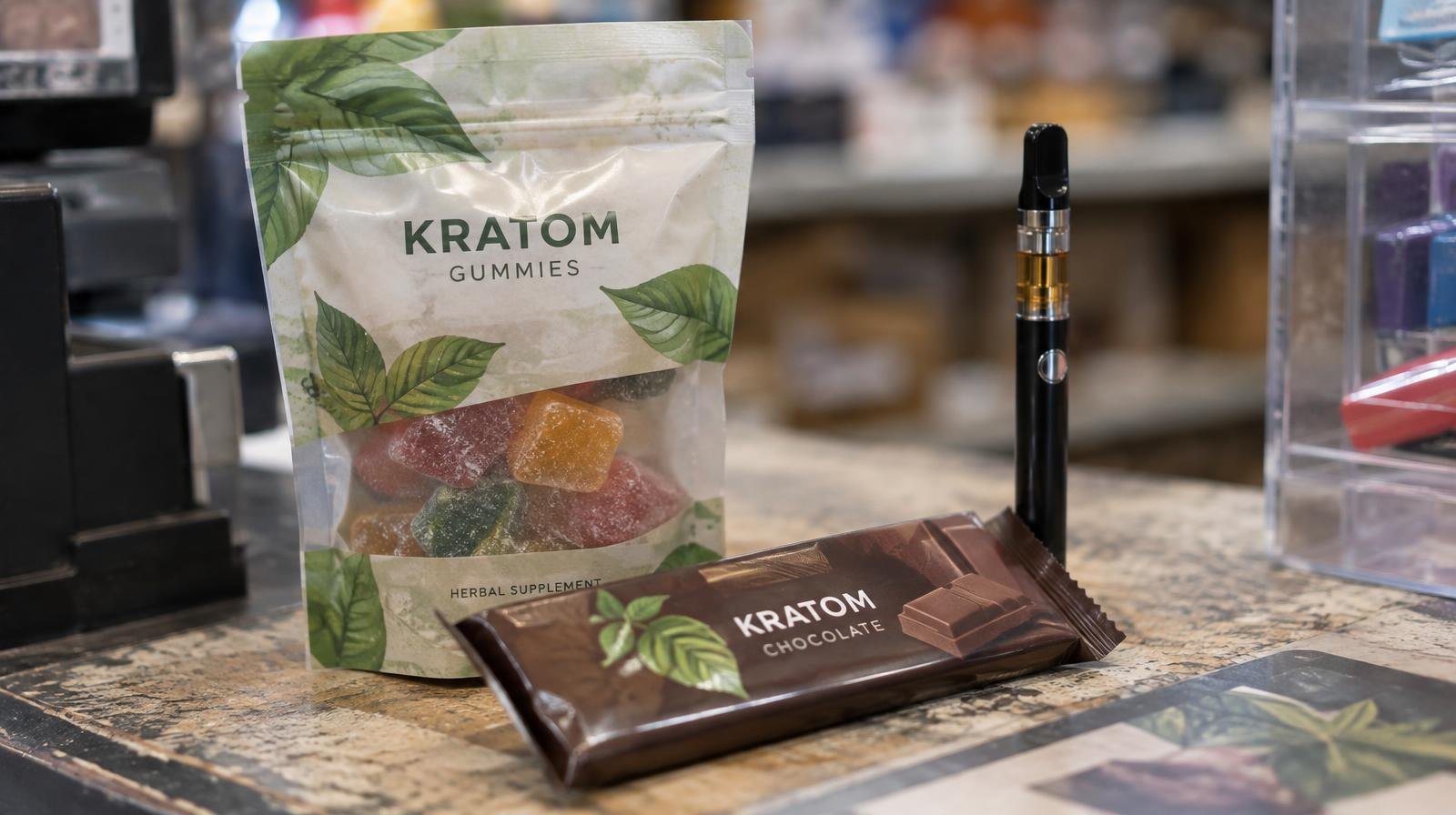 Kratom gummies, a chocolate bar, and a vape pen on a retail counter.