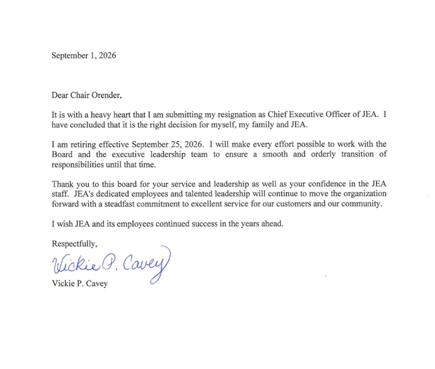 Formal resignation letter signed by Vickie P. Cavey addressed to Chair Orender.