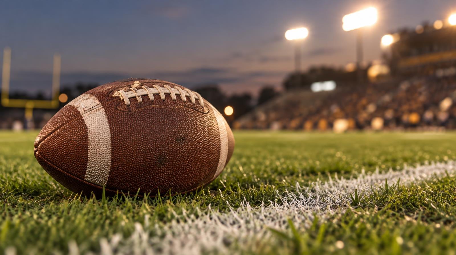 An American football sitting on green grass beside a white painted yard line.