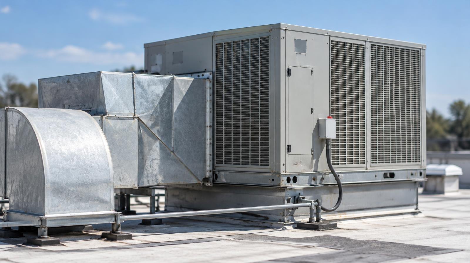 Large commercial HVAC rooftop unit with silver ductwork on a flat roof.