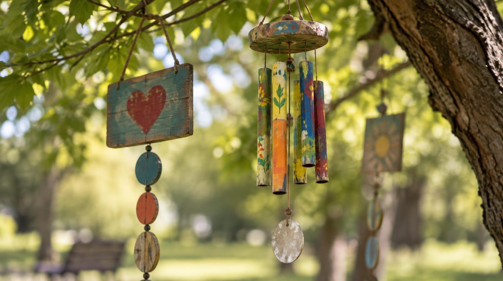 Colorful handmade wind chimes and painted signs hanging from tree branches outdoors.