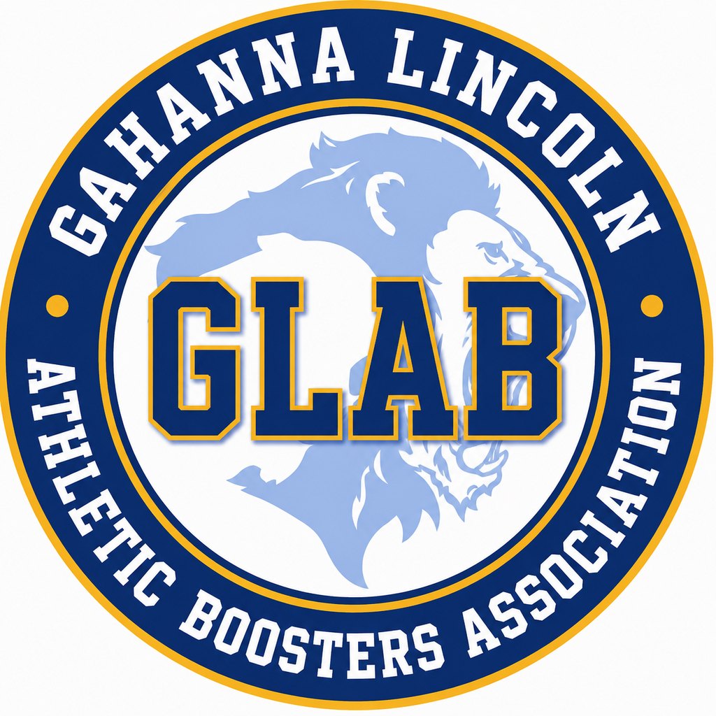 Circular logo with lion mascot and the letters GLAB in navy and gold.