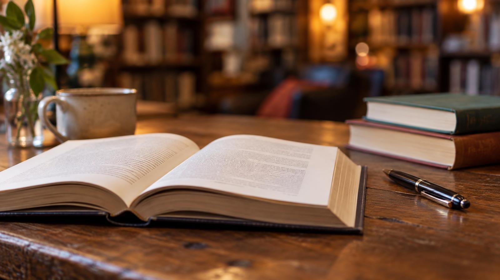 An open hardcover book and pen on a wooden table with stacked books nearby.