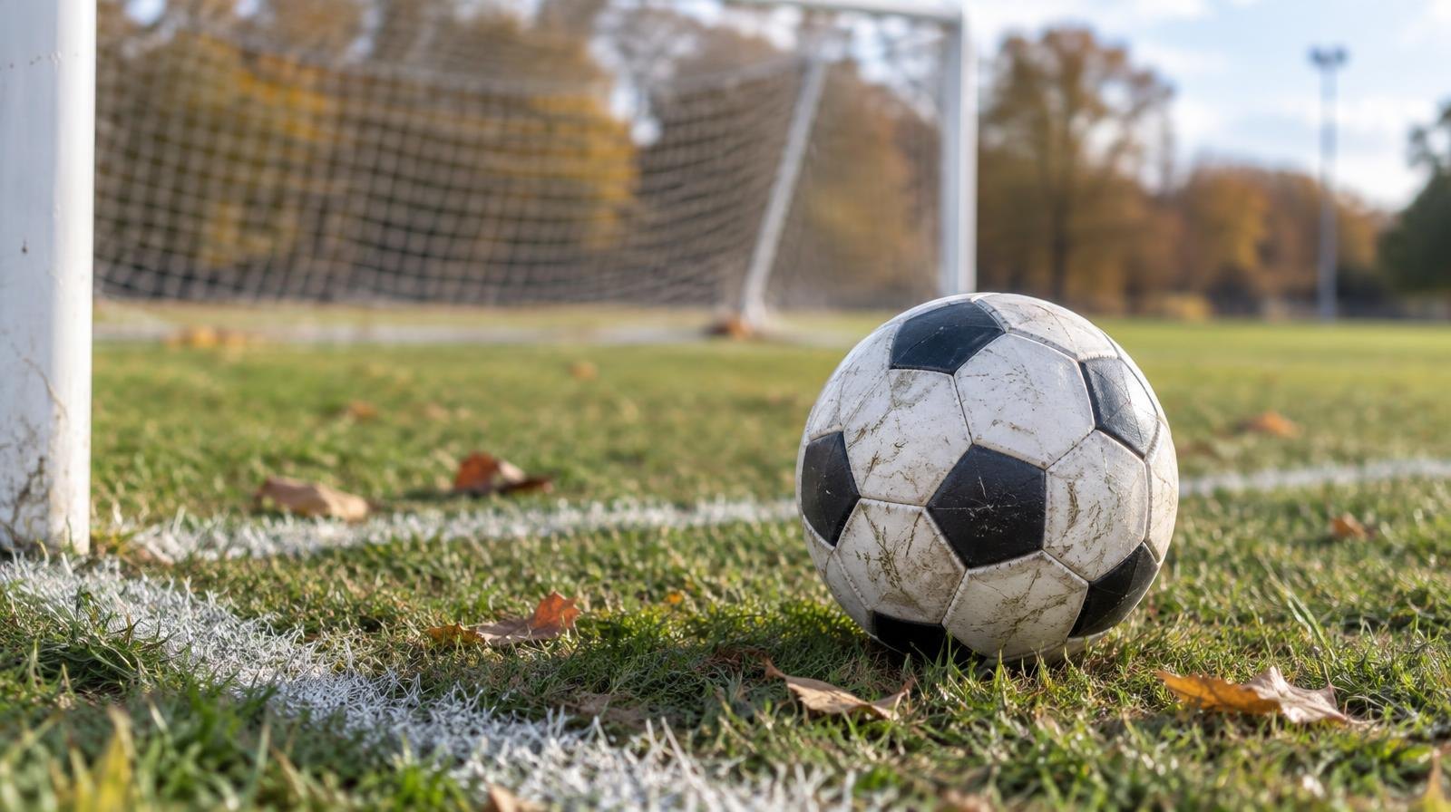 A black-and-white soccer ball on a grass field with a goal net in the background.