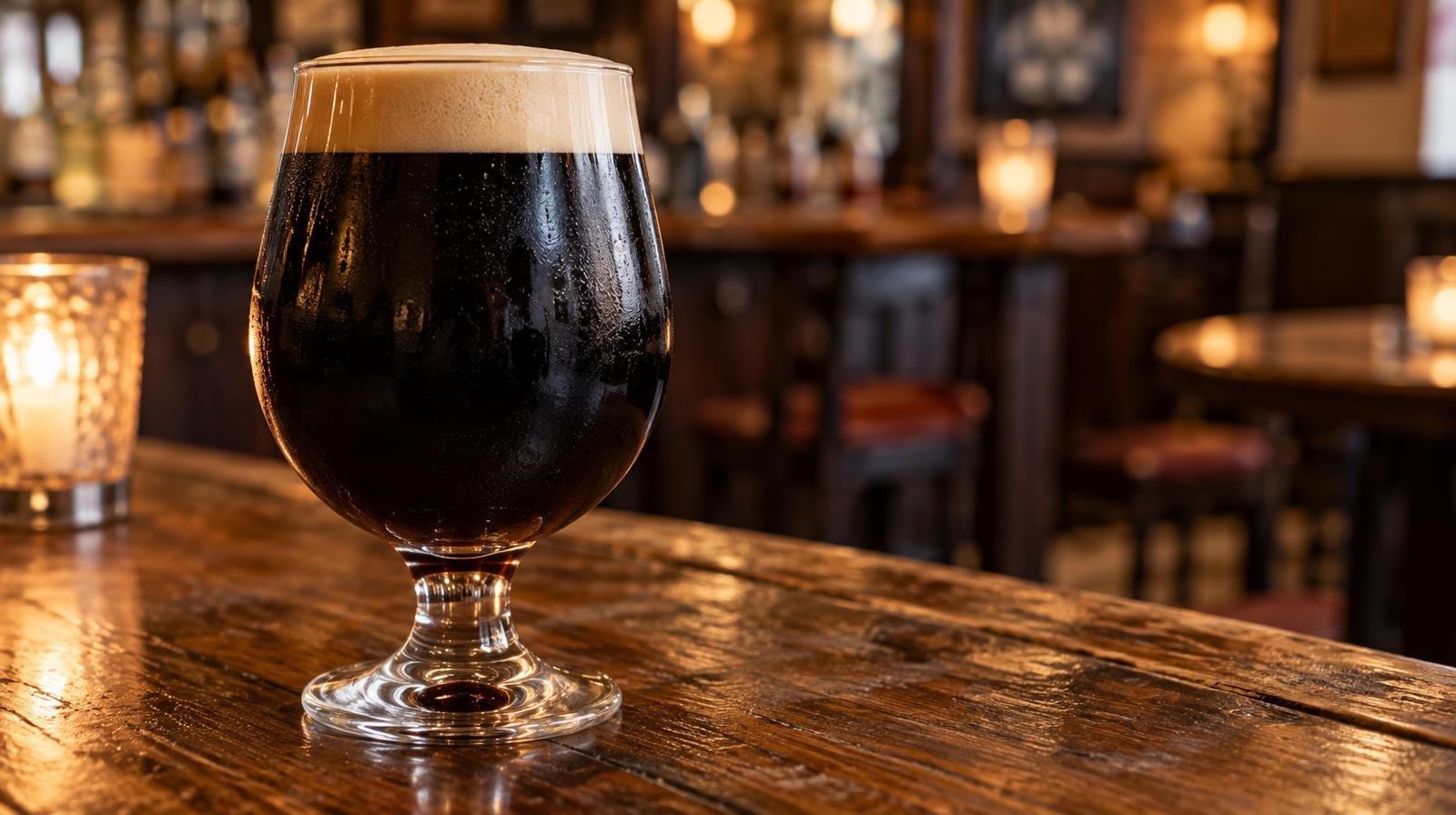 A dark stout beer in a tulip glass on a wooden bar.