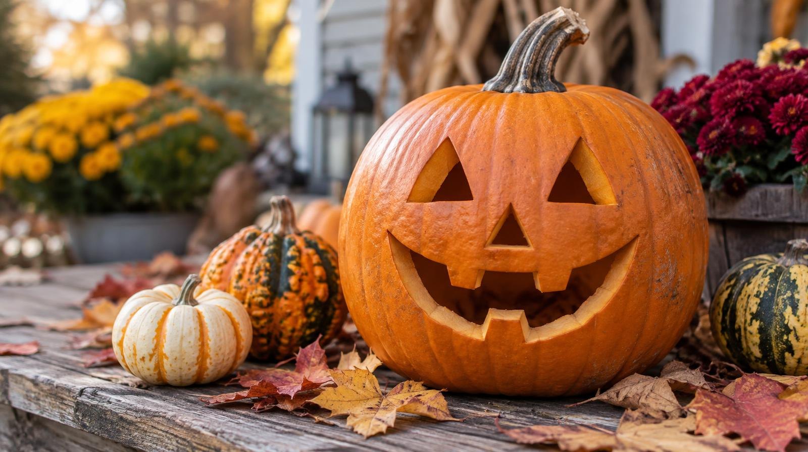 A carved jack-o'-lantern pumpkin surrounded by autumn leaves and small gourds on a wooden surface.