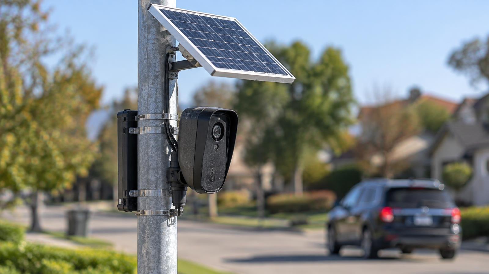 A solar-powered automated license plate reader camera on a metal pole at a street corner.