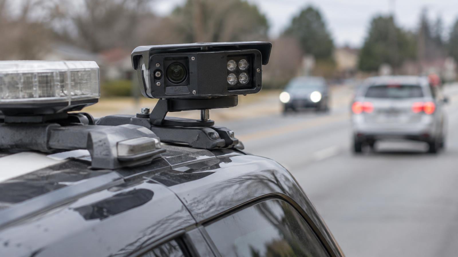 An ALPR camera mounted on the roof of a police patrol car on a suburban street.