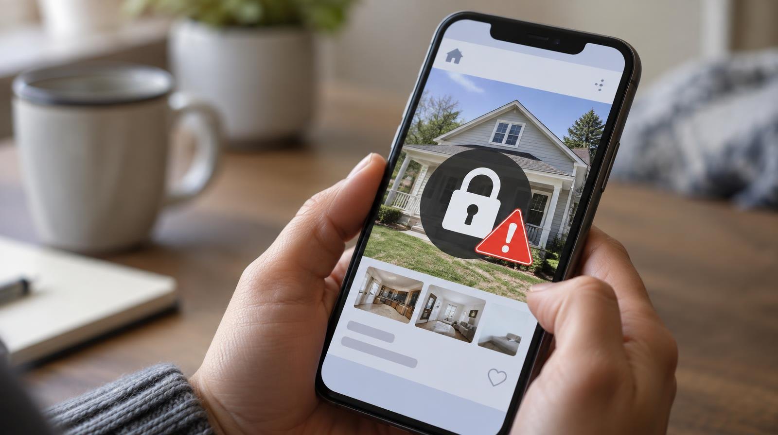 A smartphone showing a home rental listing with a warning symbol on the screen.