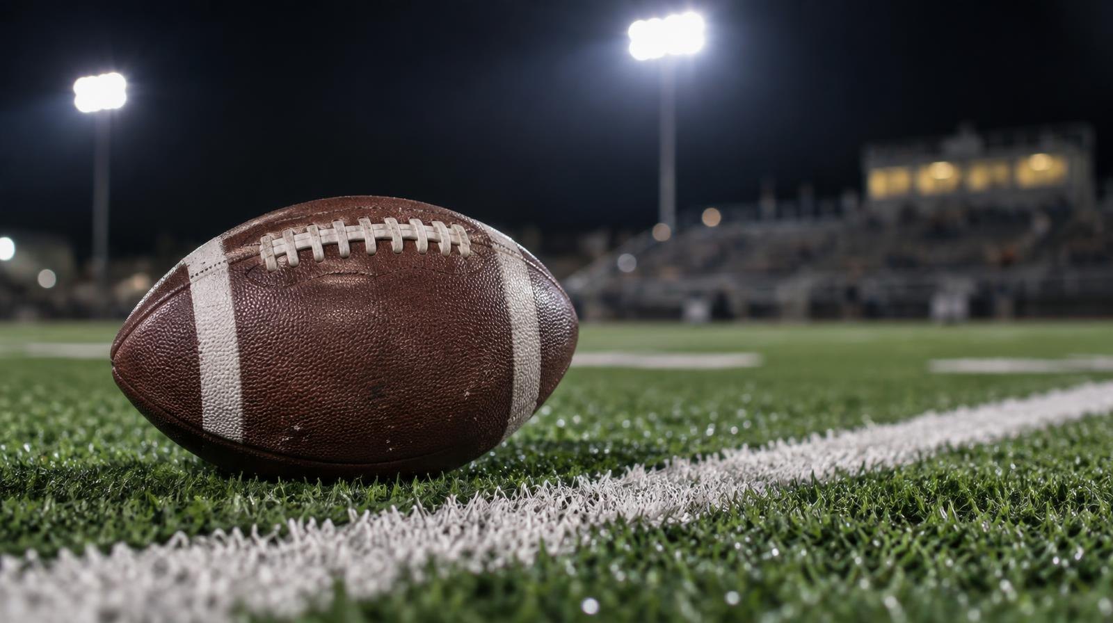 An American football on green turf beside a white yard line under bright stadium lights.