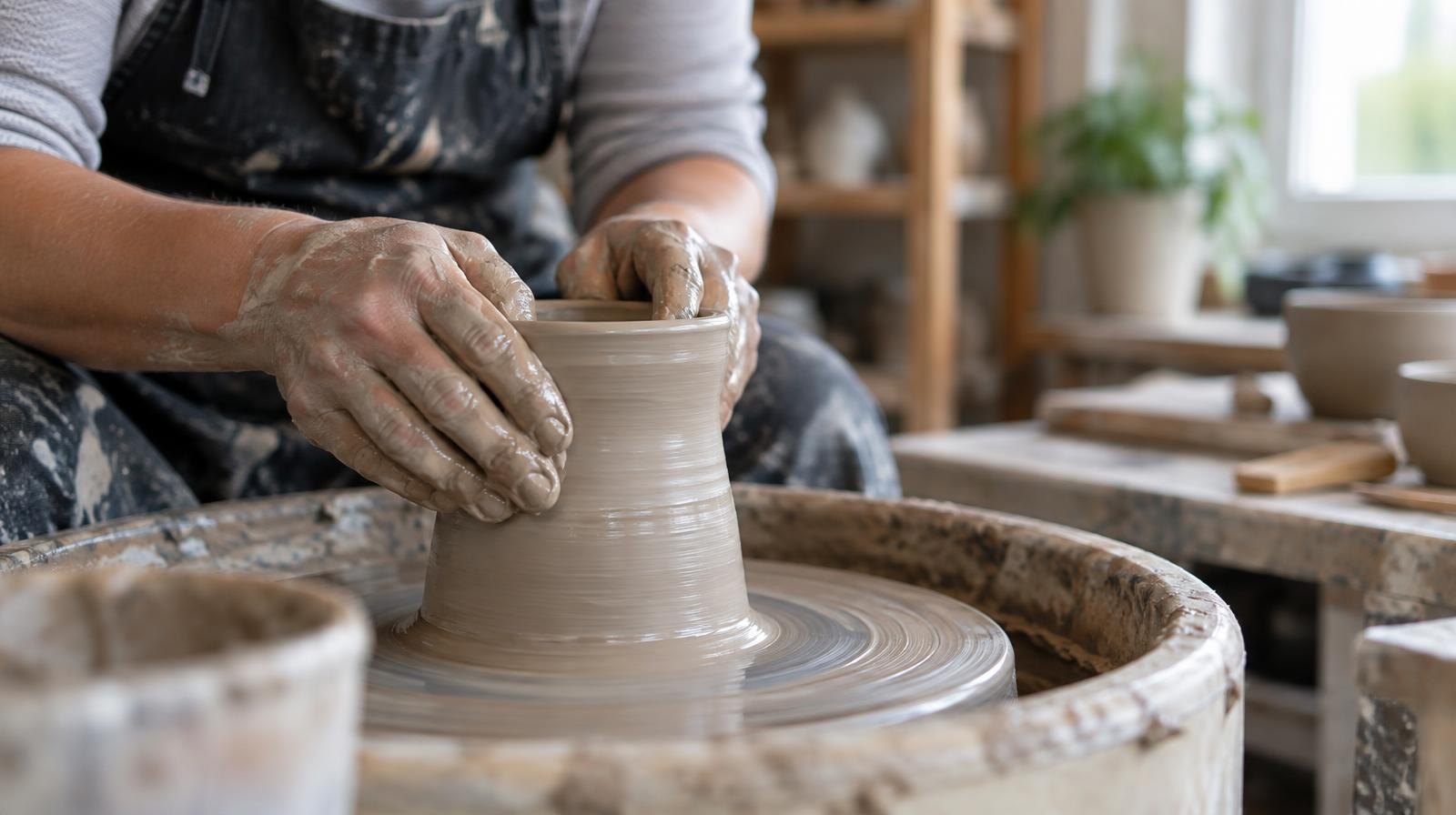 Clay-covered hands shape a ceramic form on a spinning pottery wheel in a sunlit studio.