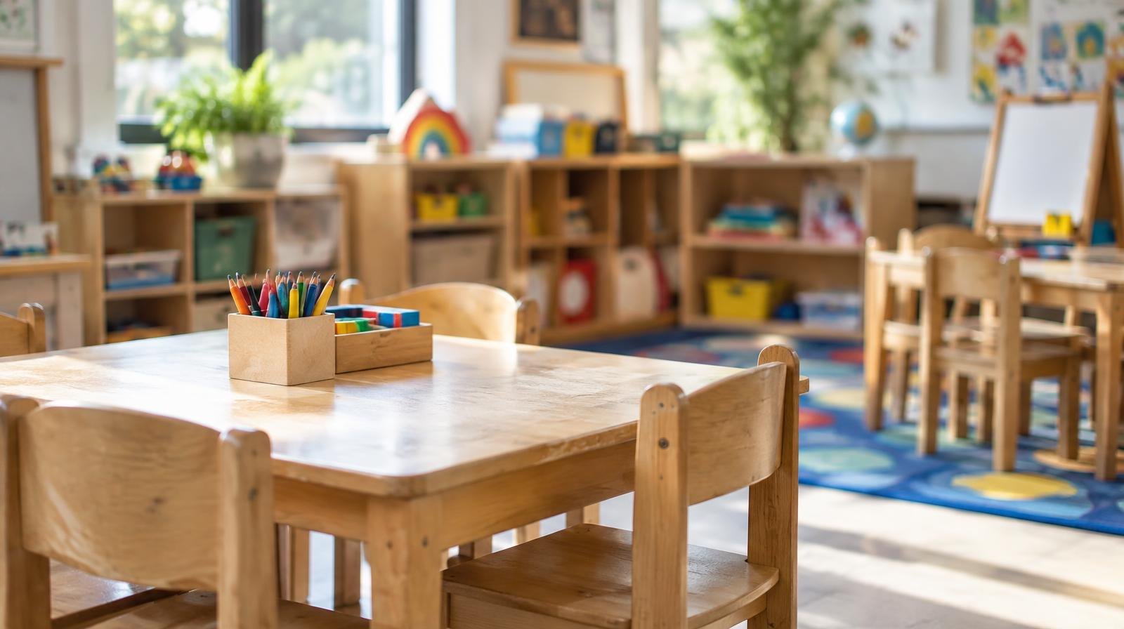 Bright preschool classroom with small wooden tables, chairs, and toys on low shelves.