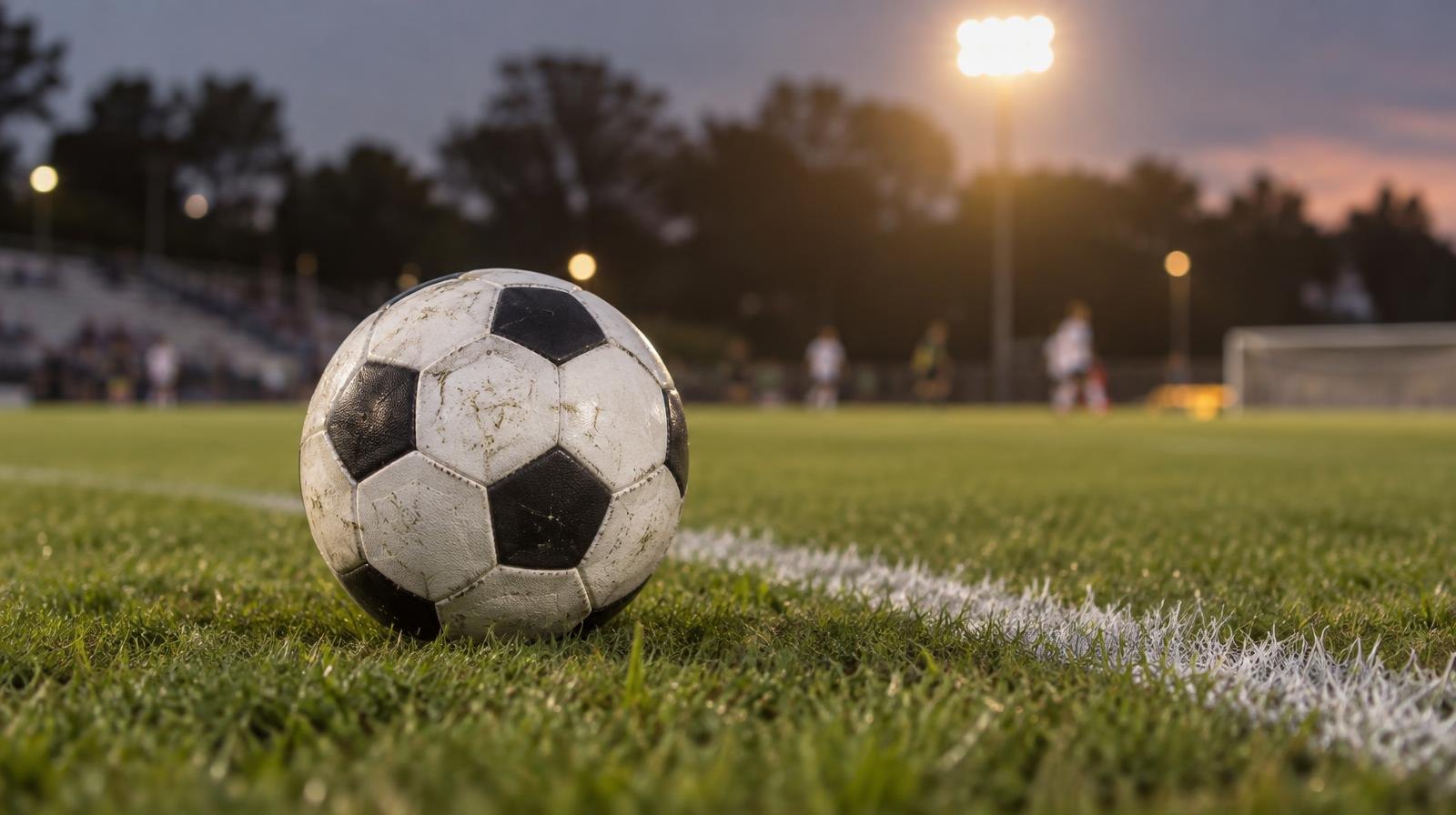 A black-and-white soccer ball on green grass near a white sideline at night.