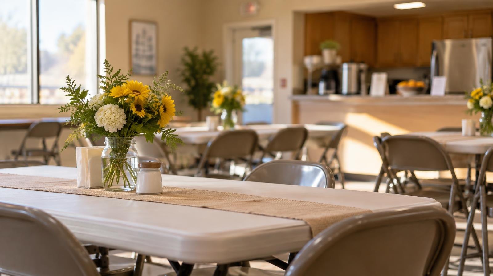 Bright community room with folding tables and chairs arranged for an event.