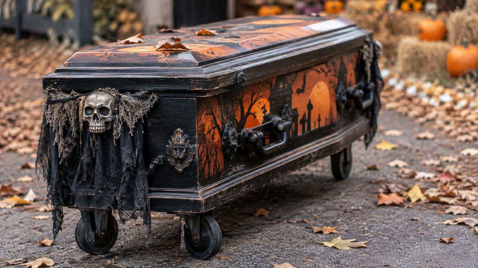 A decorated wooden coffin mounted on wheels sits on a paved street.