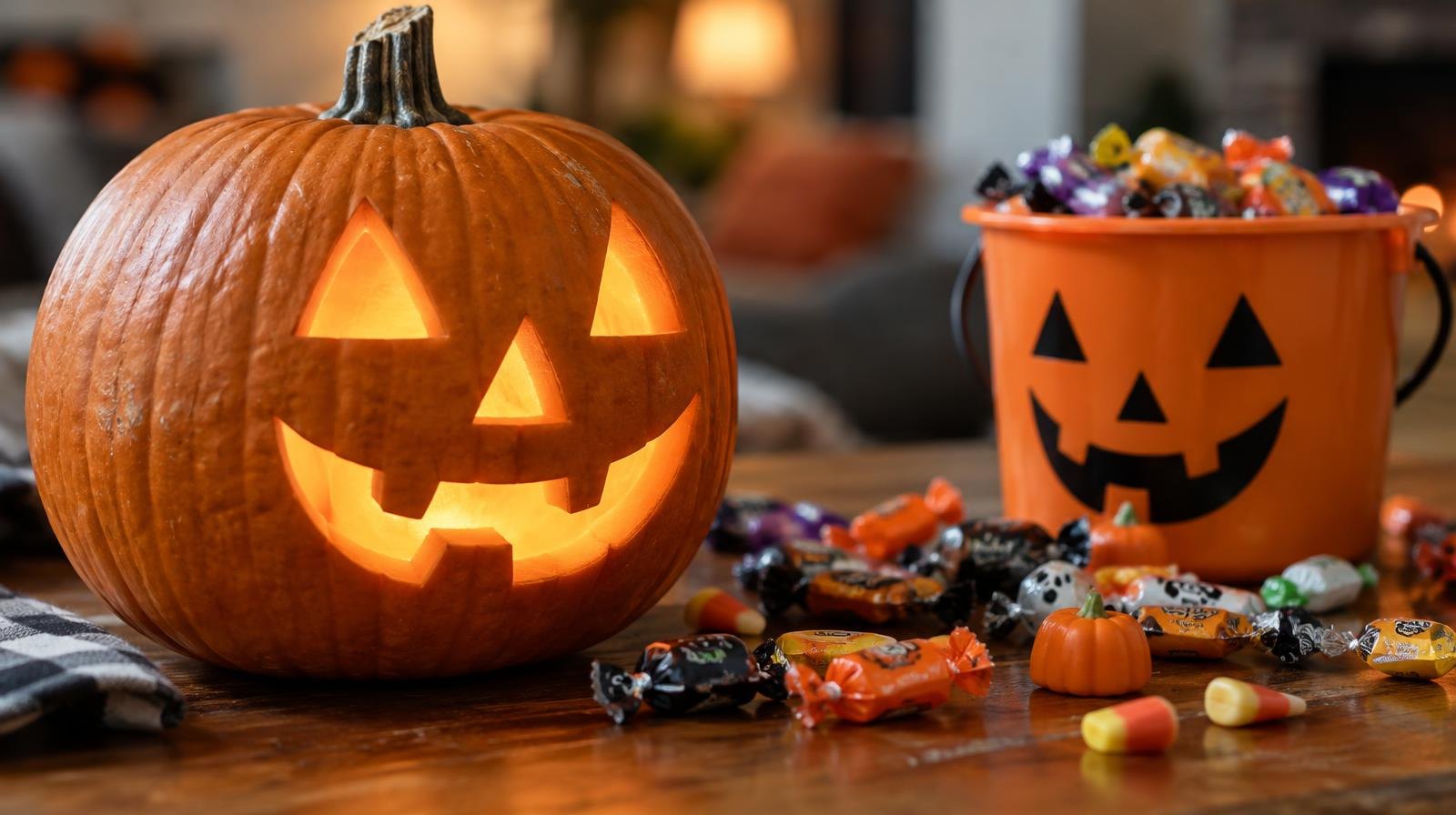 Glowing carved pumpkin beside a candy bucket and scattered Halloween candy on a wooden surface.