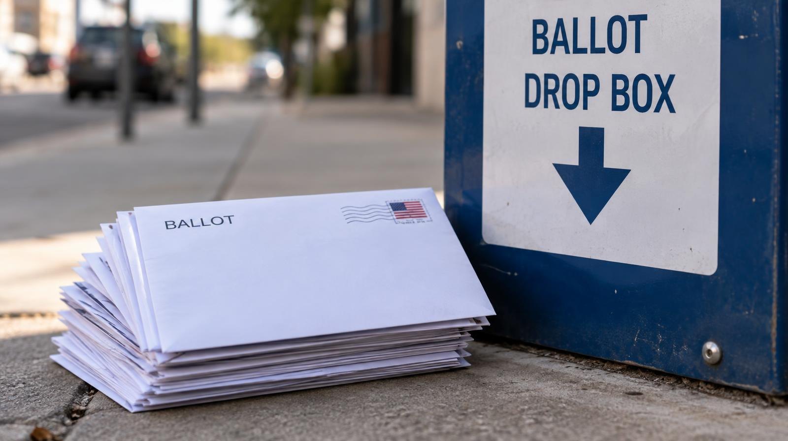 Sealed envelopes stacked beside a ballot drop box on a sidewalk.