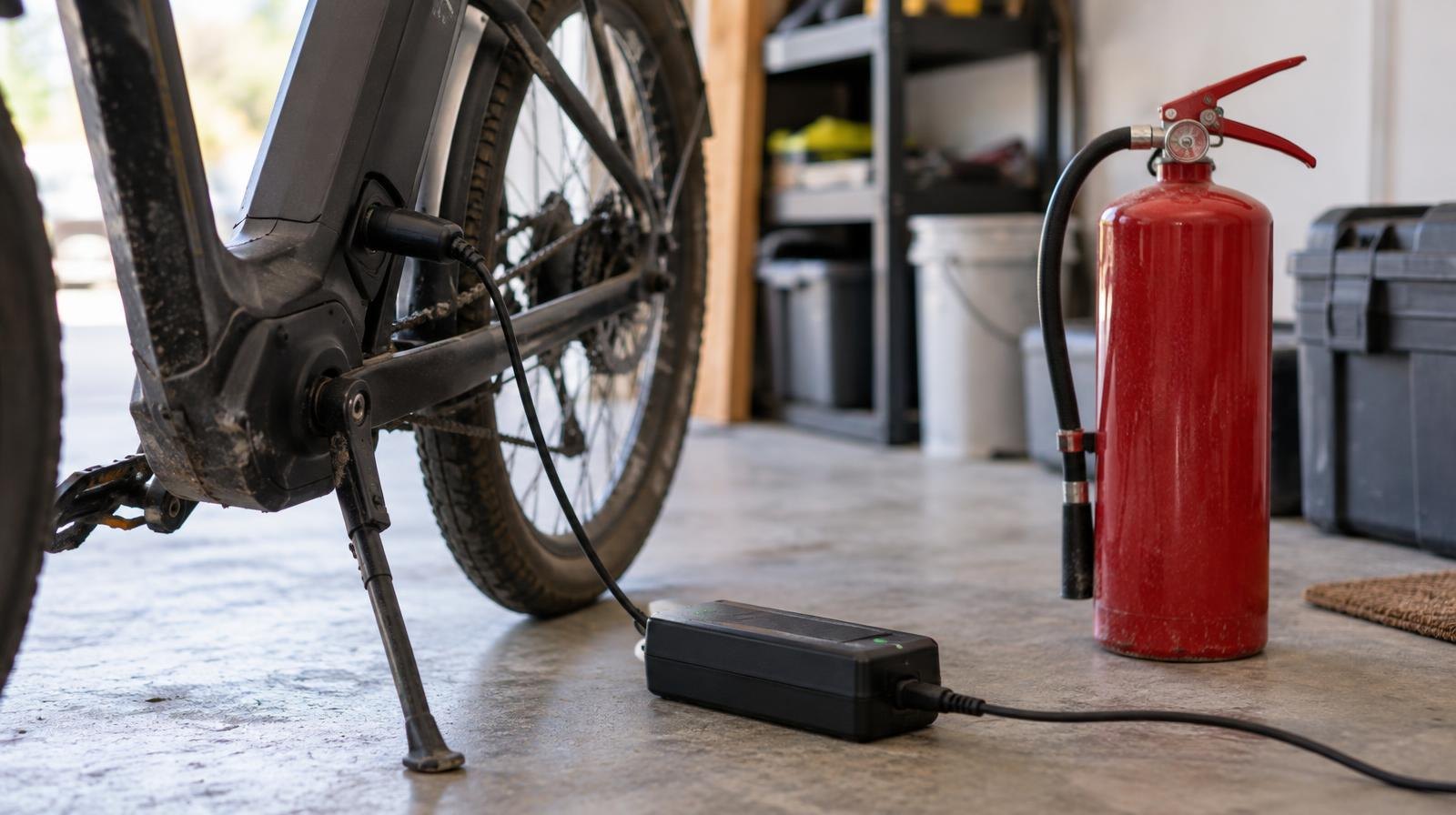 A battery charger plugged into an e-bike next to a red fire extinguisher on a garage floor.