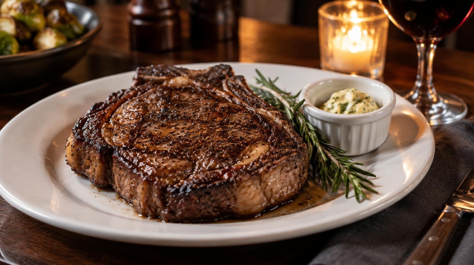 A seared ribeye steak on a white plate with butter and rosemary.