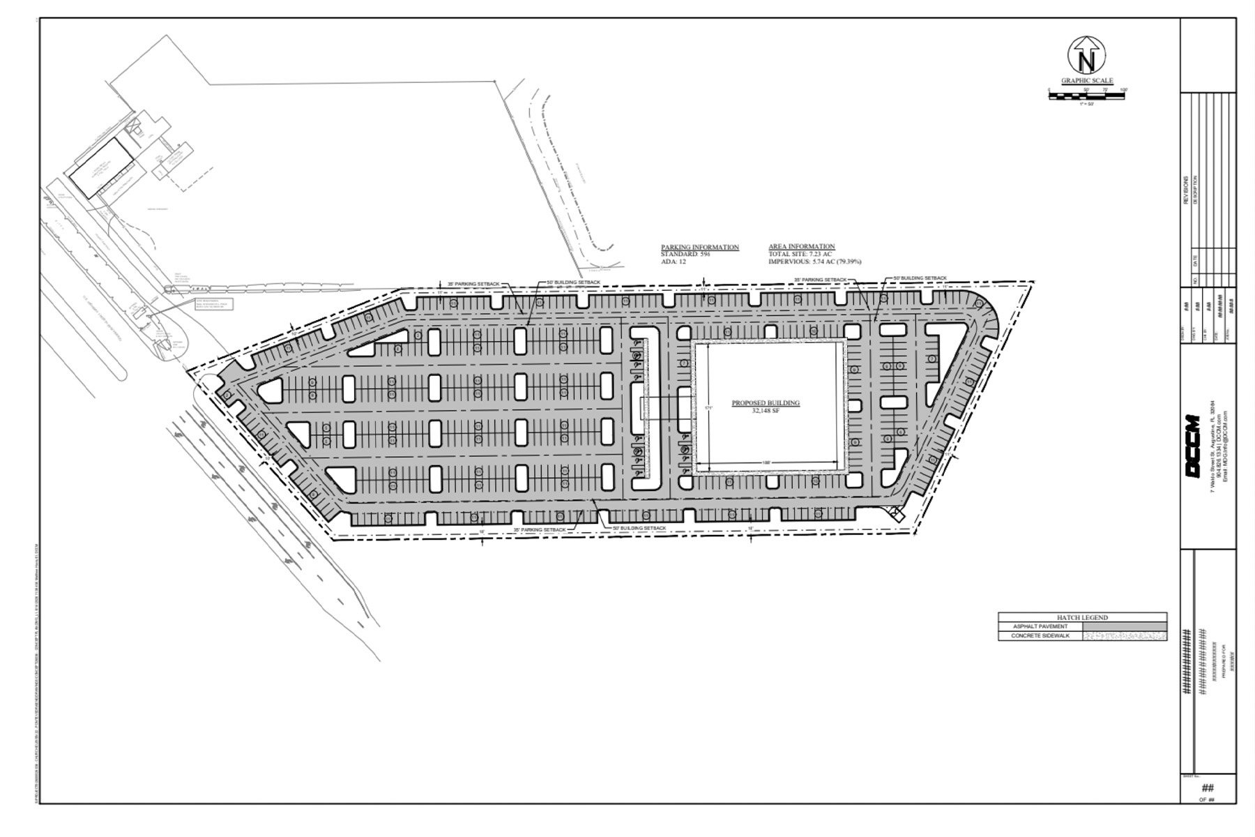 Architectural site plan showing a building at the rear of a parcel with rows of parking spaces.
