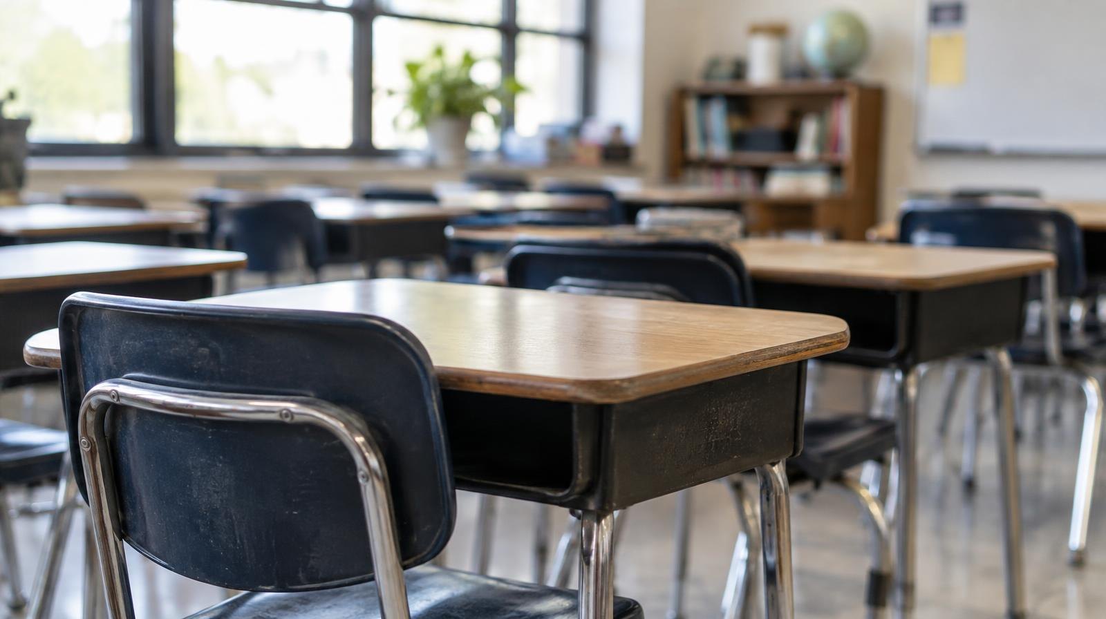 Rows of empty student desks in a sunlit school classroom.