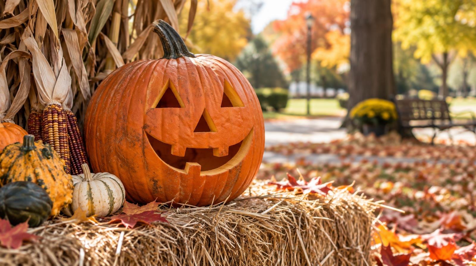 Carved jack-o'-lantern on a hay bale surrounded by autumn gourds and corn stalks.